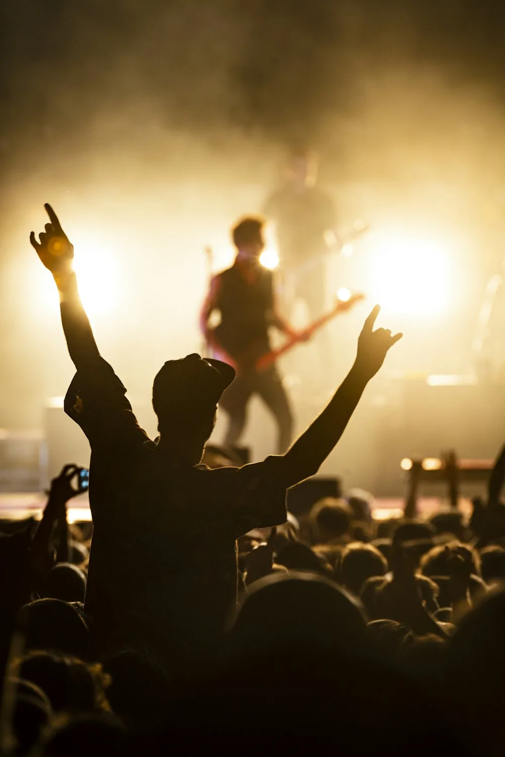 Fan with both arms up in front of a backlit stage
