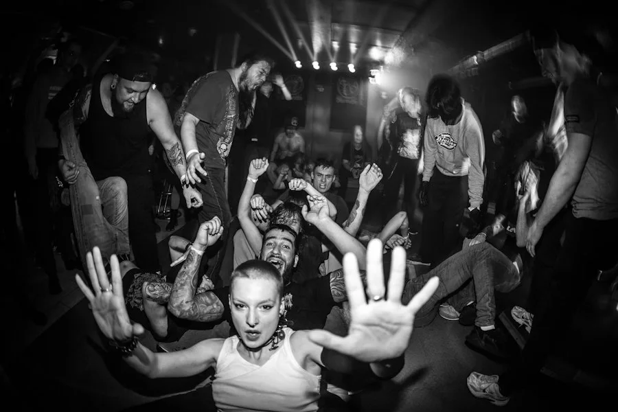 Fans reaching toward the camera at the front of a packed show